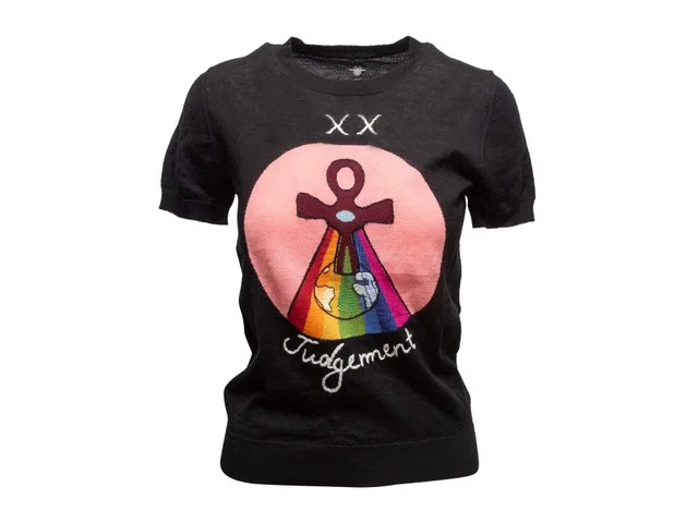 Black & Multicolor Christian Dior Judgement Tarot Card Wool Knit Top Size FR 38 in Black Wool from Designer Revival