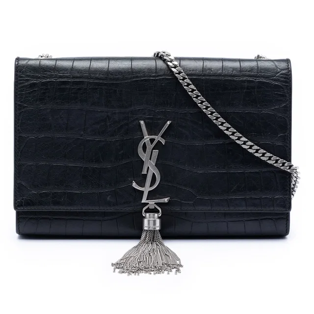 Black Saint Laurent Medium Croc Embossed Leather Kate Tassel Crossbody in Black Crocodile from Designer Revival