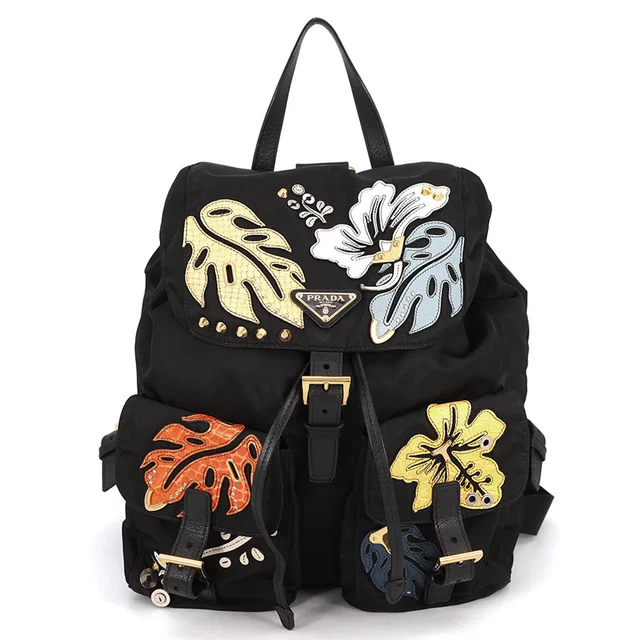 Prada Flower Backpack Black/Multicolor1BZ811 Nylon Leather in Black Nylon from GALLERY RARE
