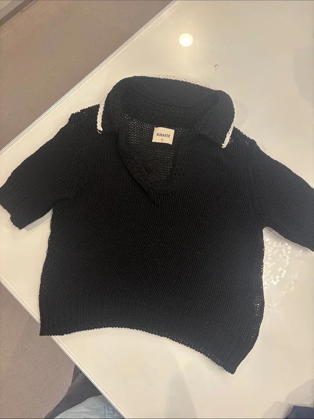 Khaite Black Short-Sleeve Open-Knit Sweater With White Collar Trim in black|white from Poshmark