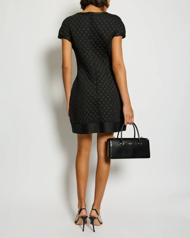 Chanel Black Padded Shimmery Short Sleeve Bodycon Mini Dress with CC Logo Detail Size FR 40 (UK 12) in Black Nylon from Sellier, photo 2 of 2