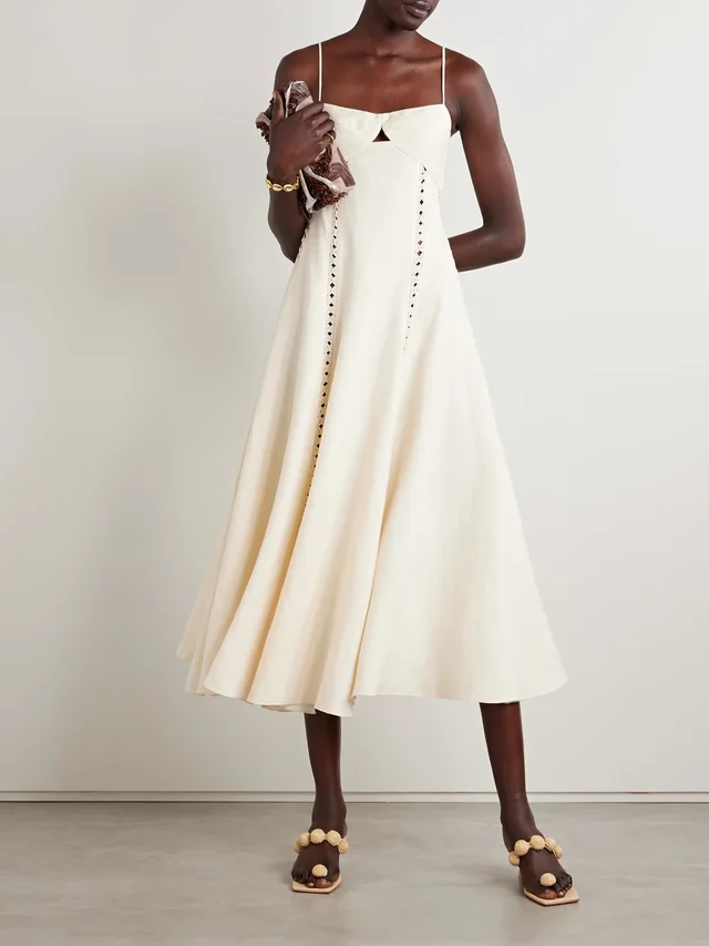 JOHANNA ORTIZ Catamaran Ventures crochet-trimmed embroidered linen midi dress in Beige, photo 2 of 2 from NET-A-PORTER (Canada)