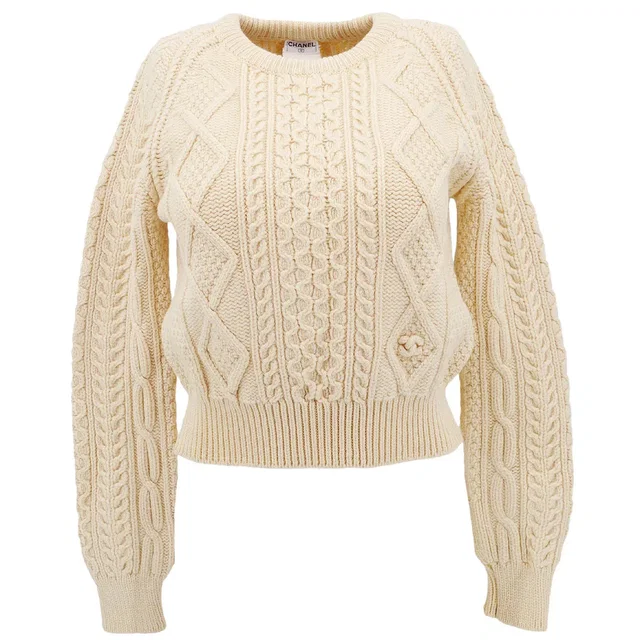 Chanel Fisherman Sweater Ivory #40 in White Wool from AMORE Vintage Tokyo