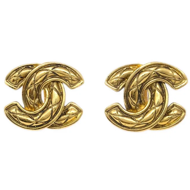 Chanel CC Quilted Earrings Clip-On Gold 2459 in Gold from AMORE Vintage Tokyo