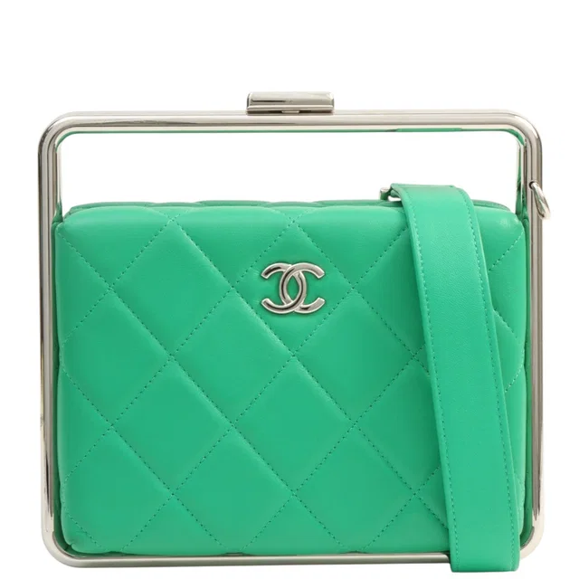 Chanel 2021-era CC mark plate clasp 2-way bag, green in Green Lambskin from VINTAGE QOO TOKYO