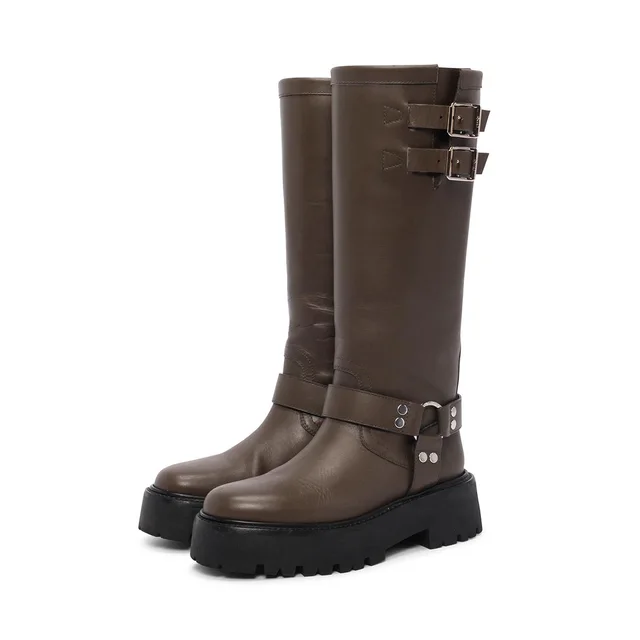 Celine High Biker Boots 39 in Khaki Calfskin from Blue Spinach