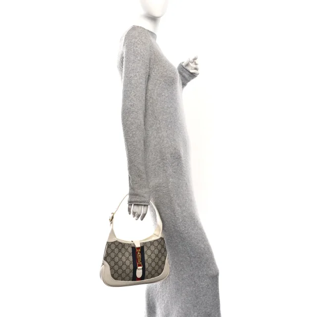Gucci GG Supreme Monogram Azalea Calfskin Web Small Jackie 1961 Hobo Beige Ebony Mystic White in White Calfskin from FASHIONPHILE, photo 2 of 10