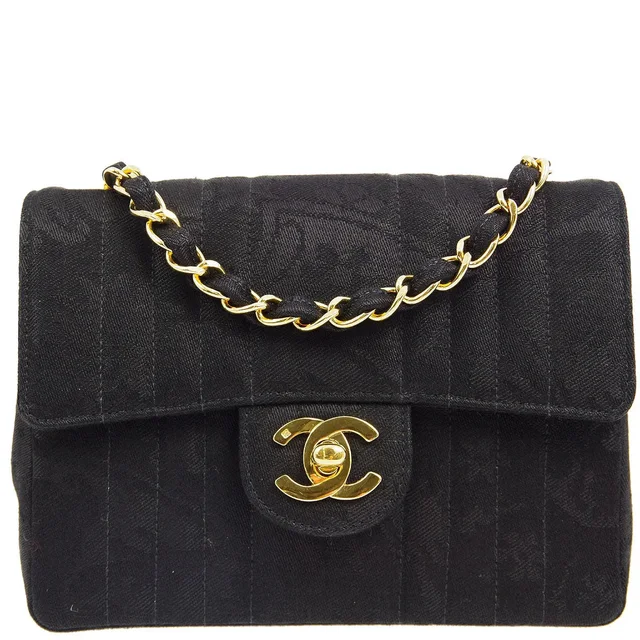 Chanel 1991-1994 Black Mini Vertical Stitch Classic Square Flap Bag 17 in Black Canvas from AMORE Vintage Tokyo