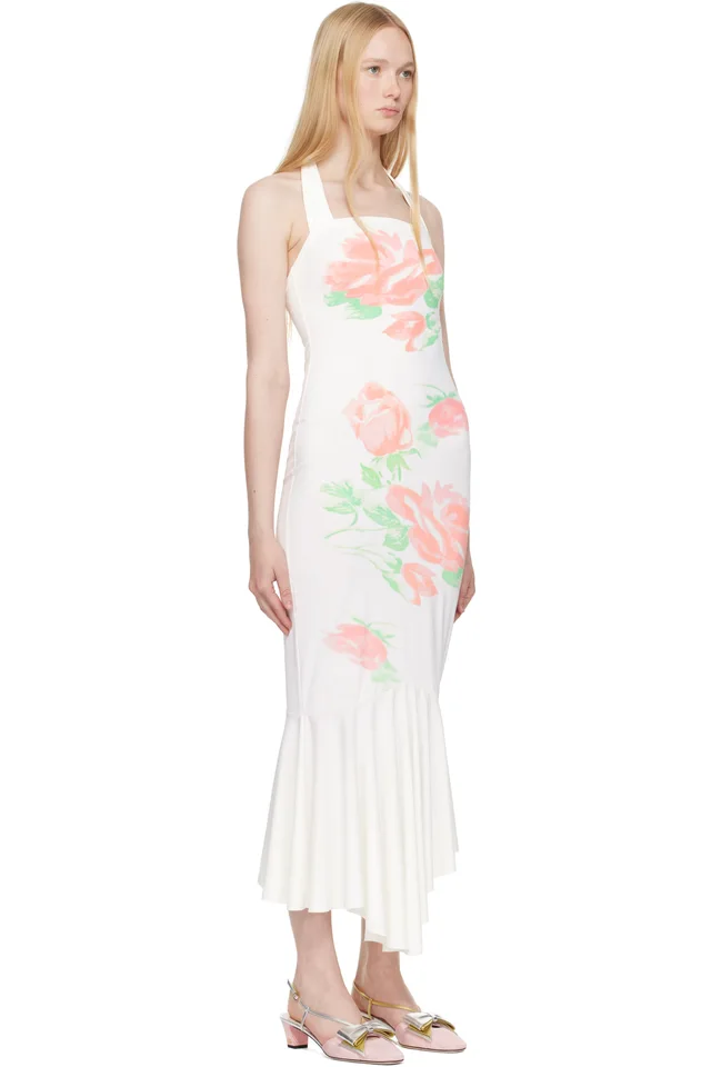 Yuhan Wang SSENSE Exclusive White Rose Printed Halterneck Midi Dress, photo 2 of 4 from SSENSE