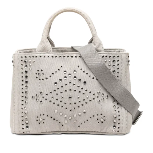 Grey Prada Small Denim Canapa Bijoux and Grommet Satchel in Grey Denim from Designer Revival