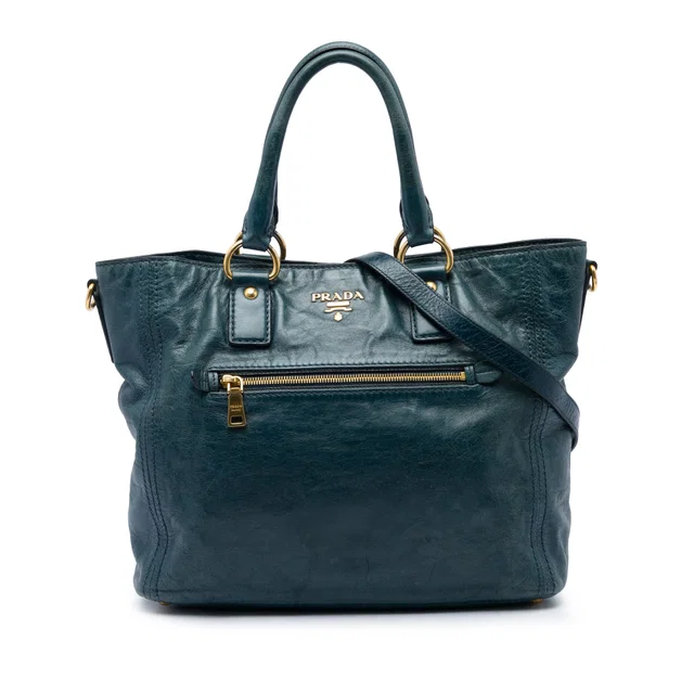 Green Prada Vitello Shine Front Pocket Convertible Tote Satchel in Green Leather from Designer Revival