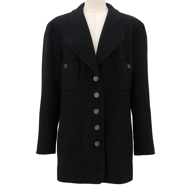 Chanel Wool CC Mark Button Jacket Black in Black Wool from VINTAGE QOO TOKYO