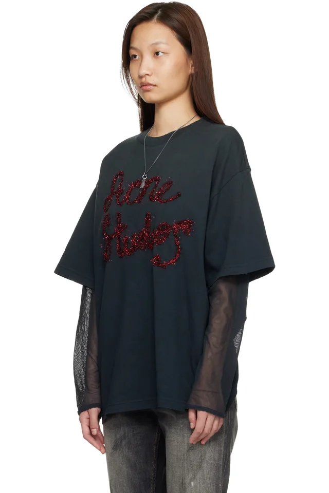 Acne Studios Gray Layered Logo T-shirt, photo 4 of 5 from SSENSE