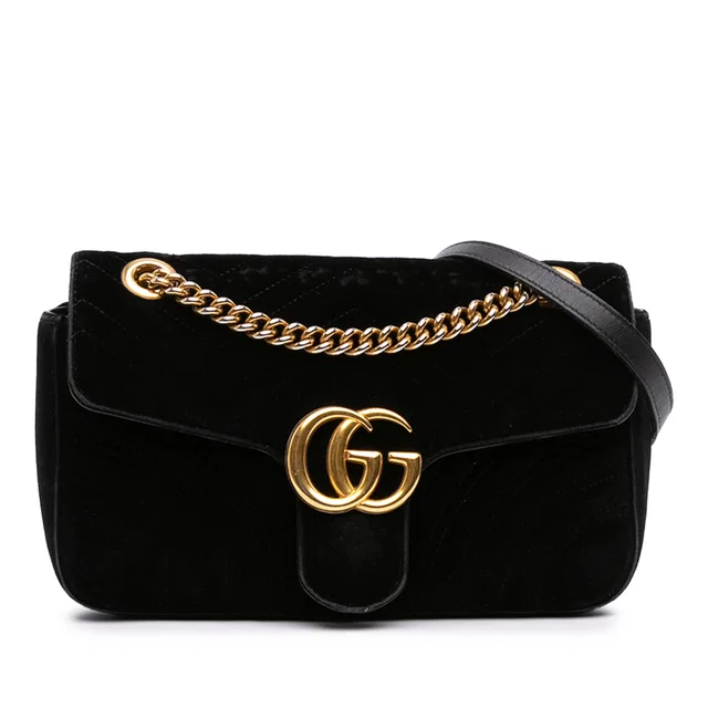 Black Gucci Medium GG Marmont Matelasse Velvet Shoulder Bag in Black Velvet from Designer Revival