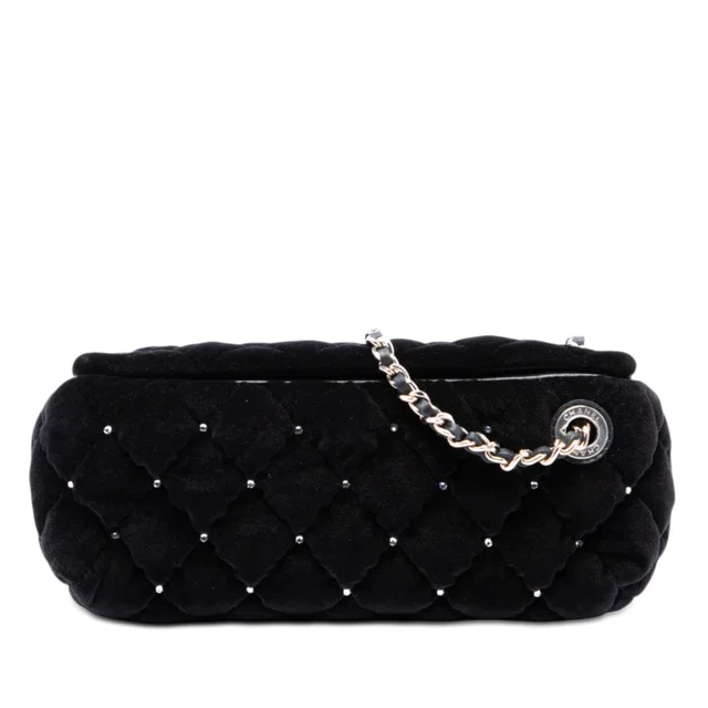 Black Chanel CC Quilted Velvet Crystal Wristlet Clutch in Black Velvet from Designer Revival