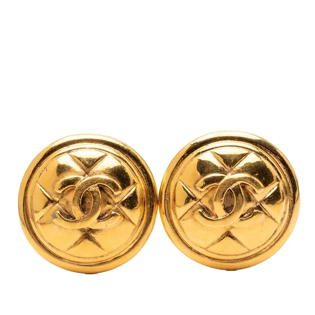 Gold Chanel Gold Plated CC Quilted Round Clip On Earrings in Gold from Designer Revival