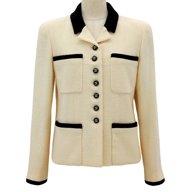 Chanel 1996 Bicolor CC Mark Button Jacket #38 Ivory/Black in Black Wool from VINTAGE QOO TOKYO