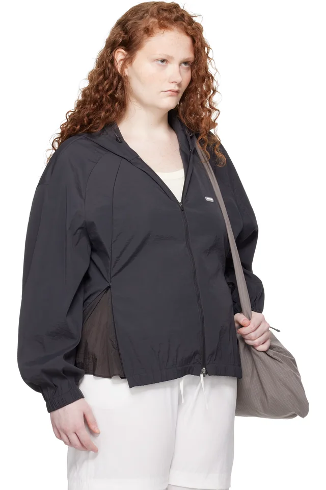 AMOMENTO Black Nylon Raglan Hooded Jacket, photo 2 of 4 from SSENSE