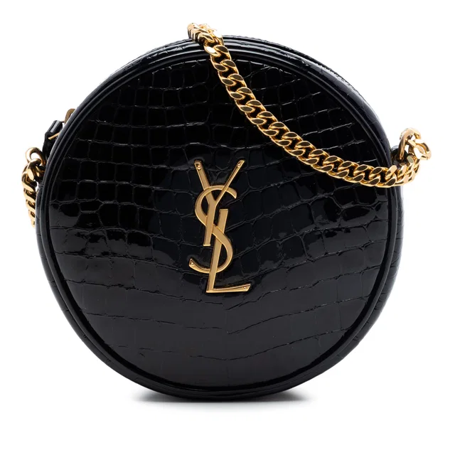 Black Saint Laurent Croc Embossed Patent Round Vinyle Camera Bag in Black Patent leather from Designer Revival