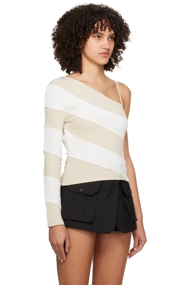 Kijun Beige & Off-White Oblique Long Sleeve T-Shirt, photo 2 of 4 from SSENSE
