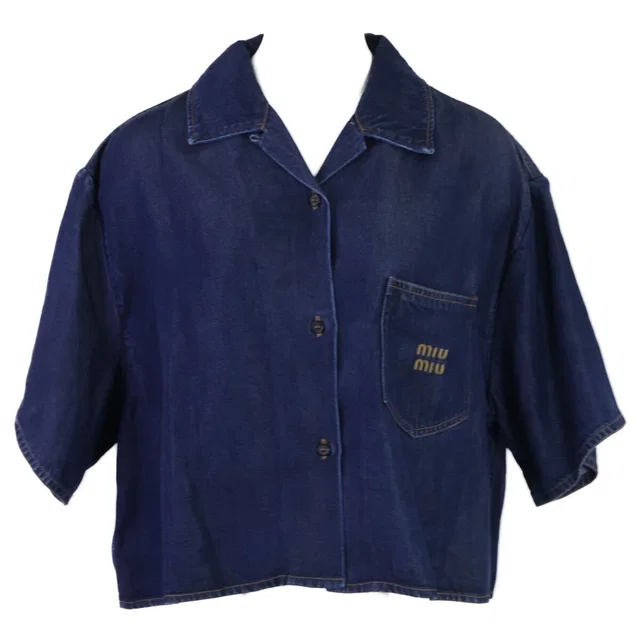 Miu Miu Made Gwc 105 Denim Cropped Short Sleeve Shirt 38 in Denim from The Reluxe