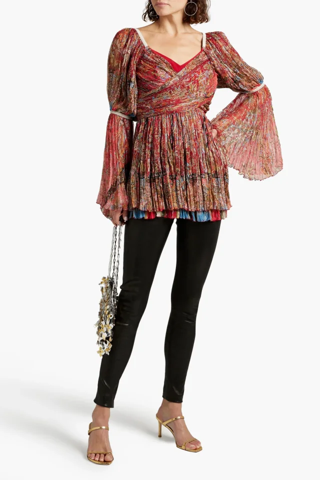 Etro Wrap-Effect Gathered Printed Silk-Crepon Blouse in Claret, photo 2 of 4 from THE OUTNET