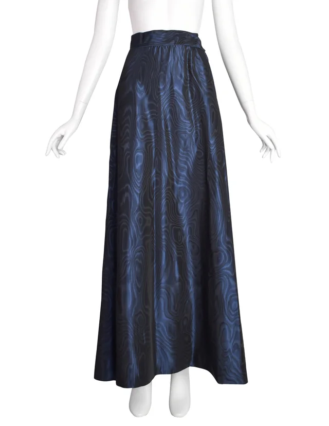 Saint Laurent Vintage 1970s Midnight Blue Metallic Moire Taffeta Evening Maxi Skirt in Navy Silk from Amarcord Vintage Fashion