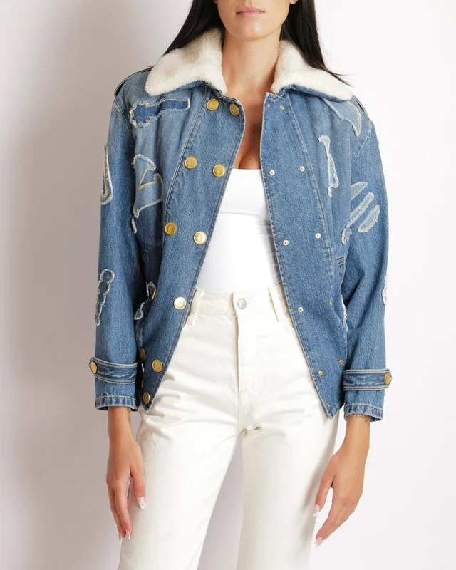 Chanel Métiers d’Art 2019 Blue Denim Jacket with Faux Fur Lining and Patchwork Details with Gold Cat… in Blue Denim from Sellier