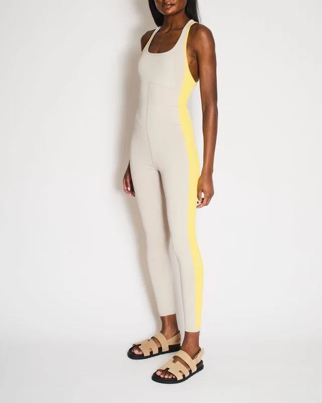 Hermès Light Grey Yoga Jumpsuit with Yellow Ribbed Bands and Crossover Back Detail Size S (UK 8) in Grey from Sellier