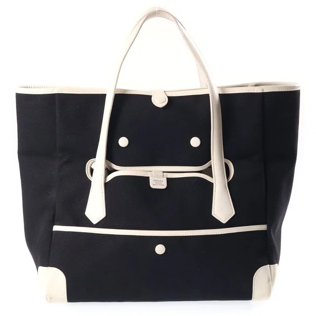 Hermès Pass Tote Bag White Black Toile Ash Leather in Black Leather from The Reluxe