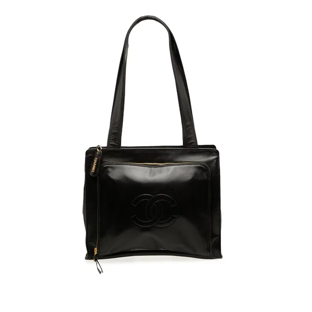 Black Chanel CC Lambskin Front Zip Pocket Tote in Black Lambskin from Designer Revival