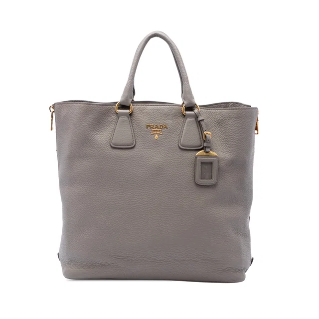 Gray Prada Vitello Daino Side Zip Tote in Grey Leather from Designer Revival