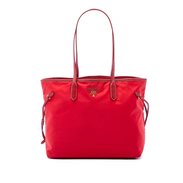 Red Prada Saffiano Trimmed Tessuto Tote in Red Saffiano leather from Designer Revival