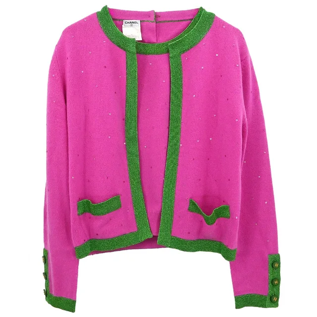 Chanel 1996 Ensemble Cardigan Short Sleeve Top Pink #42 in Pink Cashmere from AMORE Vintage Tokyo