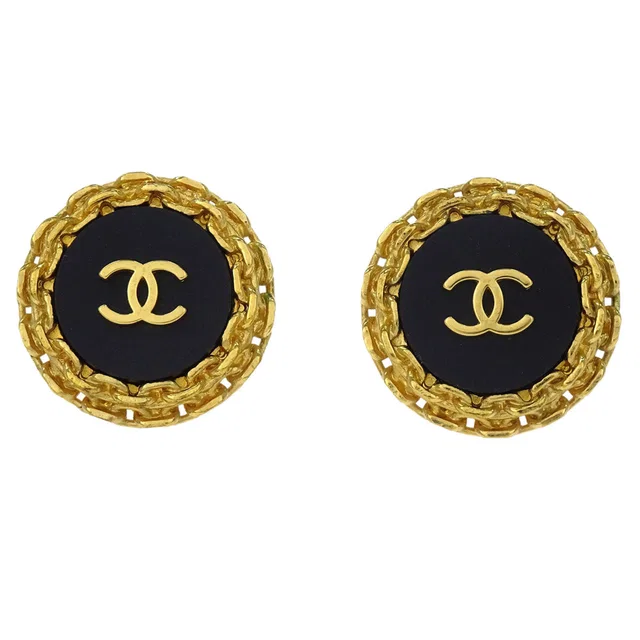 Chanel Button Clip-On Earrings Black 94P in Black from AMORE Vintage Tokyo