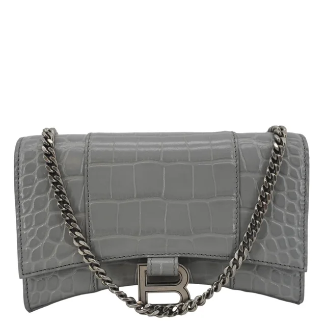 Balenciaga Hourglass Leather Chain Wallet Shoulder Bag Gray in Grey Leather from Dallas Designer Handbags