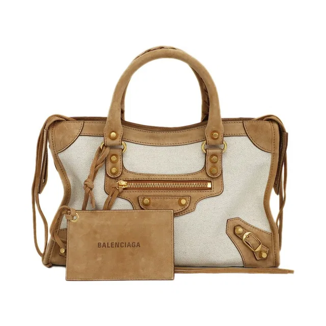 Balenciaga Heaven Le City Small 2-Way Shoulder Bag Beige Gold Canvas Suede in Beige Suede from The Reluxe