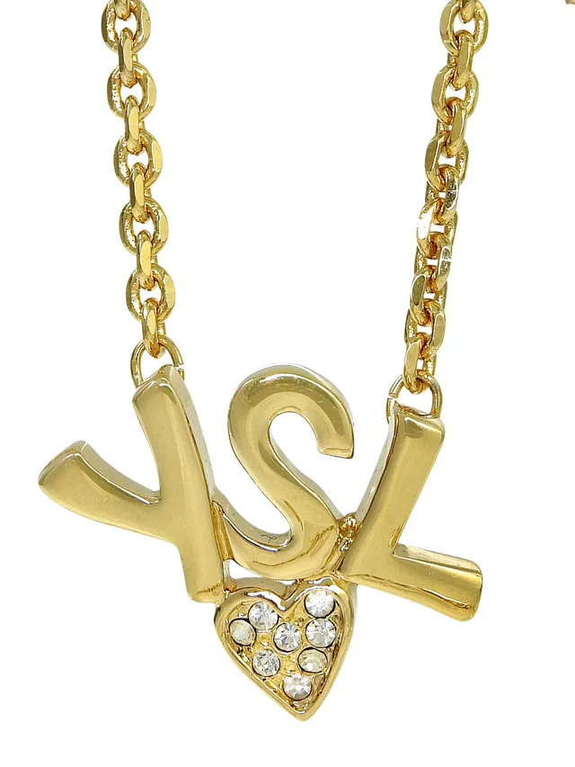 Saint Laurent Logo Plate Heart Motif Necklace Gold in Gold from VINTAGE QOO TOKYO