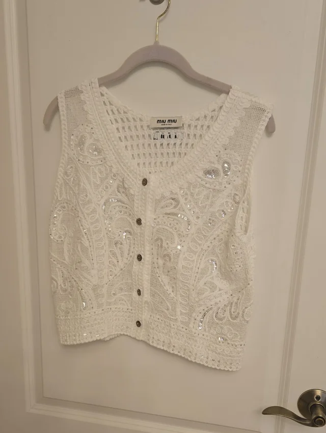 Miu Miu Crochet Sequin Button Vest in white from Poshmark
