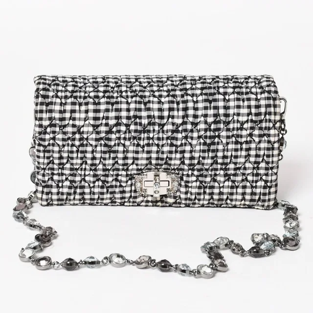 Miu Miu Matelasse Bijou Chain Shoulder Bag Gingham Check Rhinestone in Canvas from The Reluxe