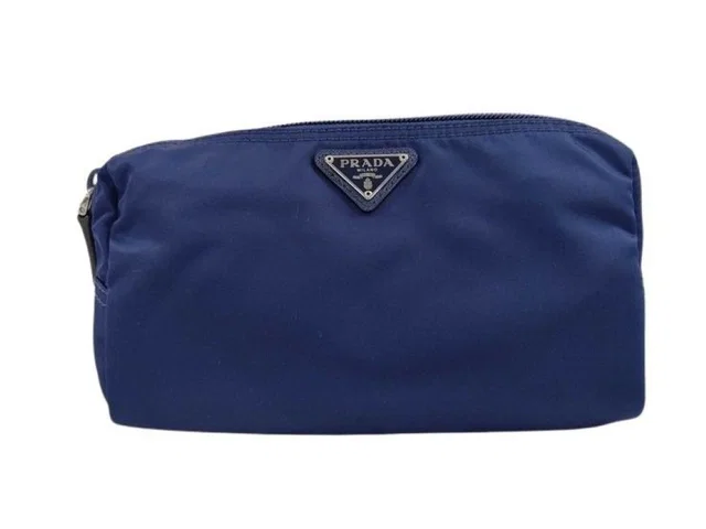 Prada Pouch Triangle Logo Blue Nylon White Tag Silver in White Nylon from The Reluxe