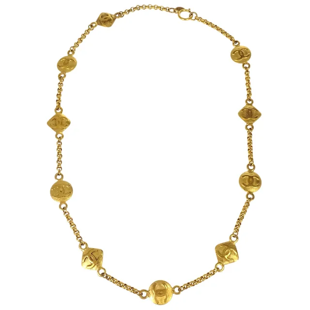 Chanel Gold Chain Rhombus Medallion Necklace 29 in Gold from AMORE Vintage Tokyo