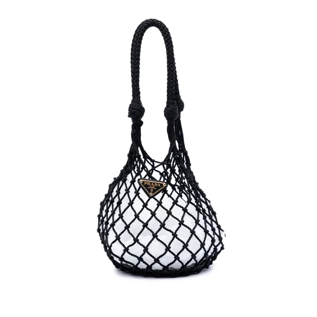Black Prada Mesh and Leather Bucket Bag in Black Leather from Designer Revival