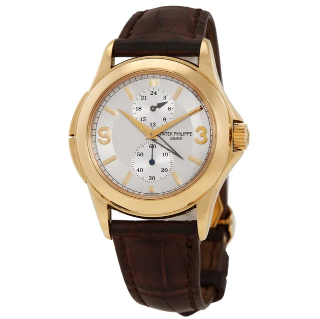 Patek Philippe Calatrava Travel Time Hand Wind Silver Dial Watch 5134 in yellow|silver|gold|gray|black Leather from Jomashop.com