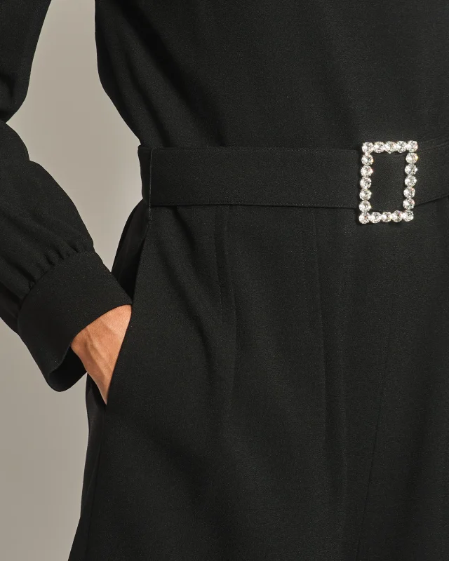 Saint Laurent Black Mid-Neck Long Sleeve Backless Playsuit with Embellished Belt Detail Size FR 40 (UK 12) in Black Silk from Sellier, photo 3 of 4
