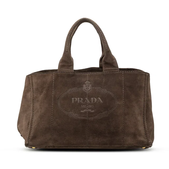 Brown Prada Large Suede Canapa Logo Tote Satchel in Brown Suede from Designer Revival