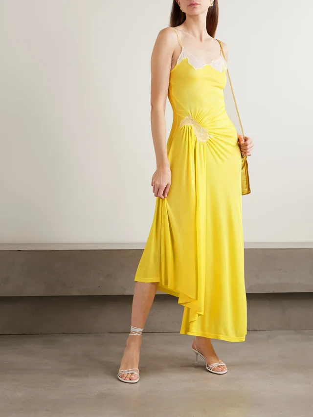 CHRISTOPHER ESBER Delphin asymmetric gathered lace-trimmed ribbed jersey midi dress in Yellow, photo 2 of 2 from NET-A-PORTER (Canada)