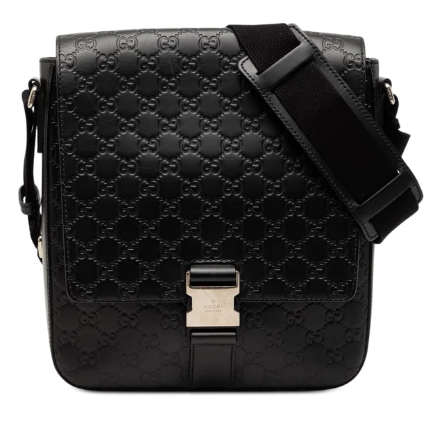 Black Gucci Guccissima Flap Messenger Bag in Black Leather from Designer Revival