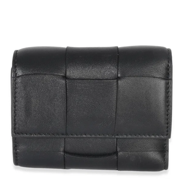 Bottega Veneta Black Cassette Intrecciato Small Trifold Wallet in Black Woven leather from myGemma