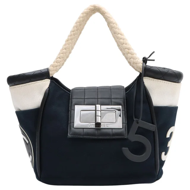 Chanel 2004 Cruise Line 2.55 Turnlock CC Mark Handbag Navy/White in White Canvas from VINTAGE QOO TOKYO
